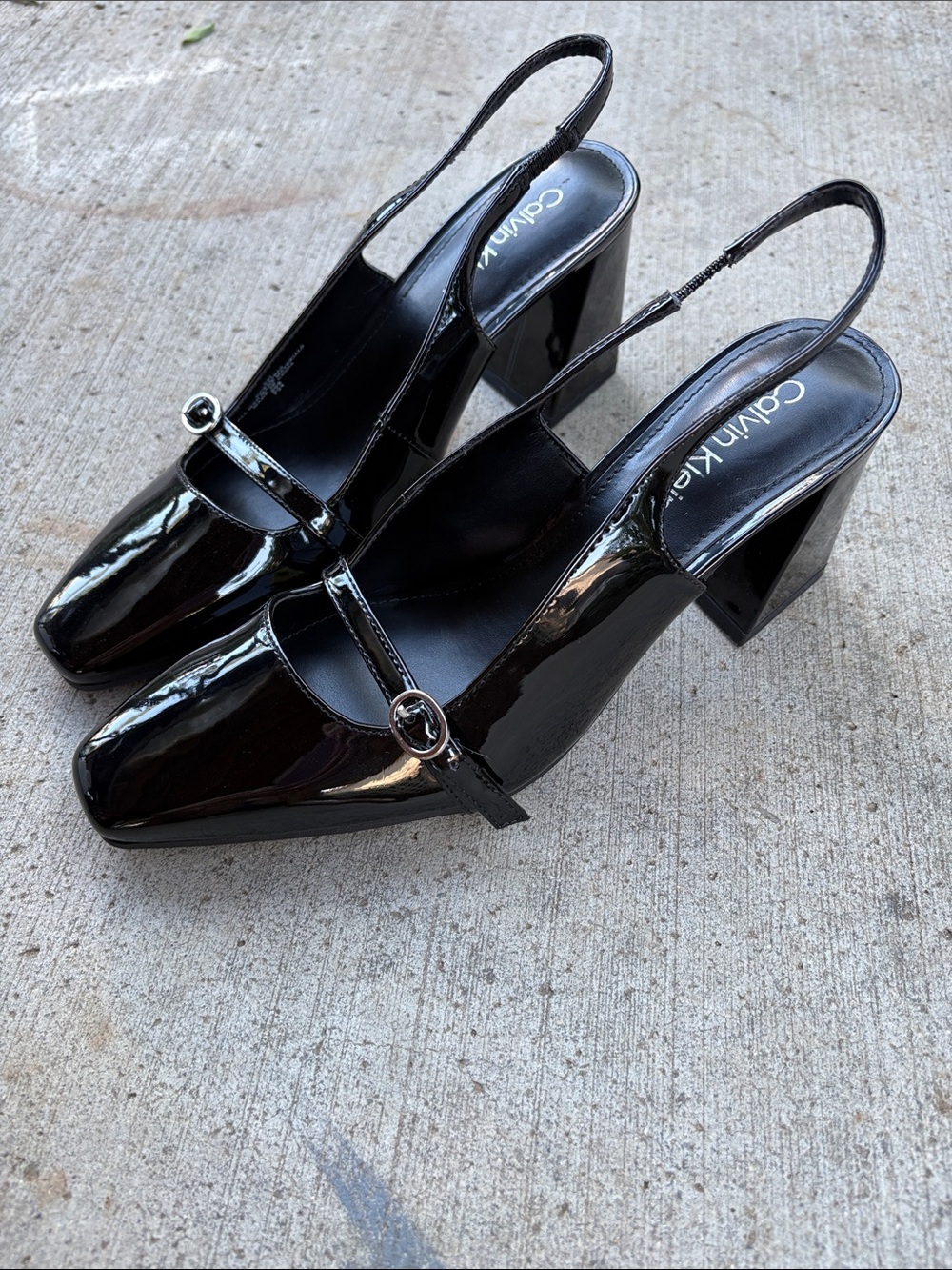 Calvin Klein Black Patent Slingback Block Heels with Mary Jane Strap